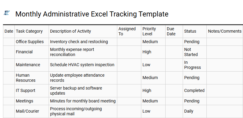 Monthly Administrative Excel Tracking Template
