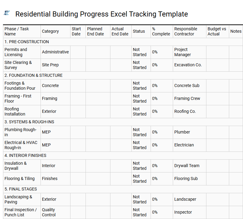 Residential Building Progress Excel Tracking Template