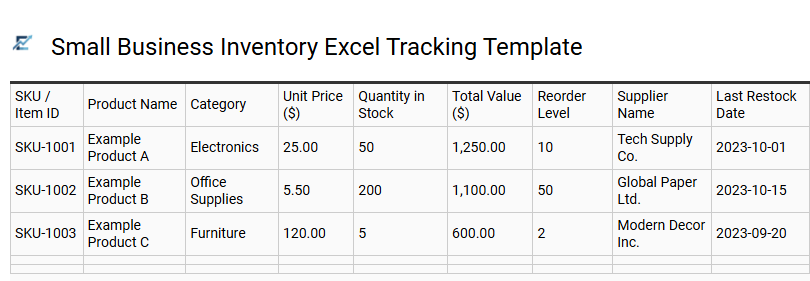 Small Business Inventory Excel Tracking Template