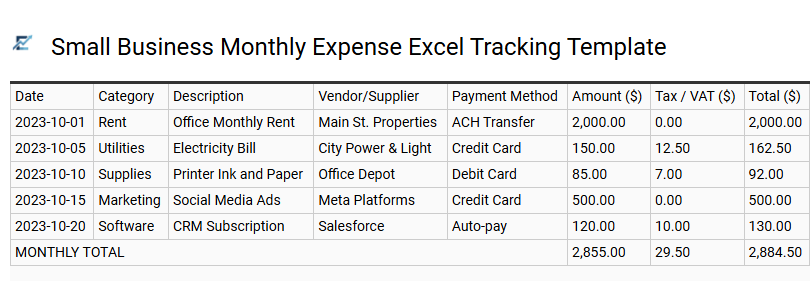 Small Business Monthly Expense Excel Tracking Template