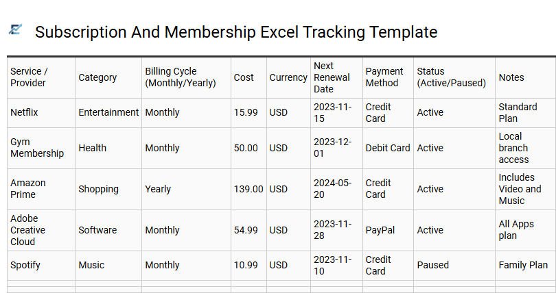 Subscription And Membership Excel Tracking Template