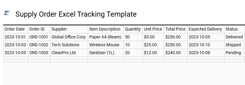 Supply Order Excel Tracking Template