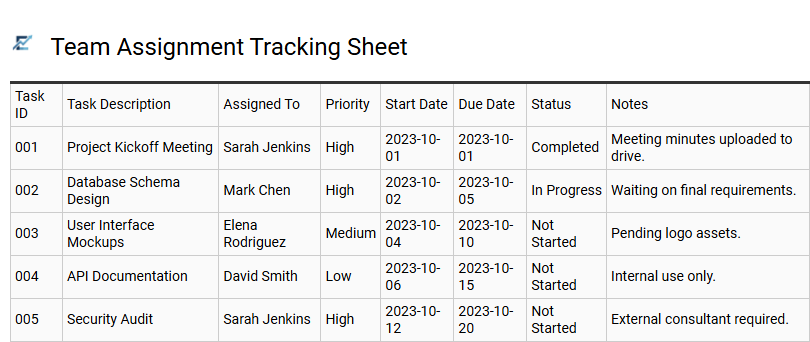 Team Assignment Tracking Sheet