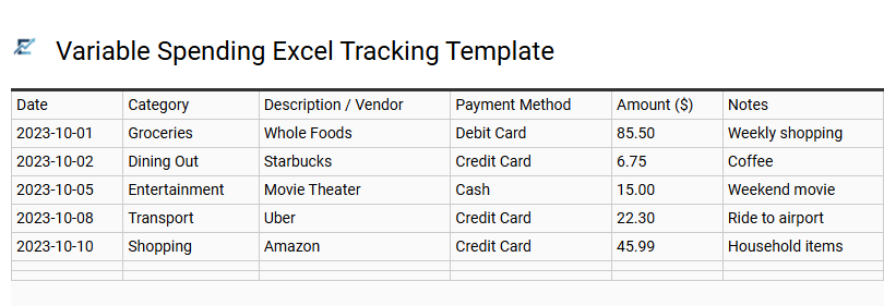Variable Spending Excel Tracking Template