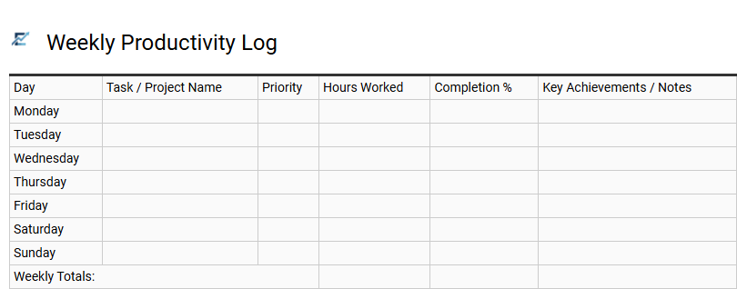 Weekly Productivity Log