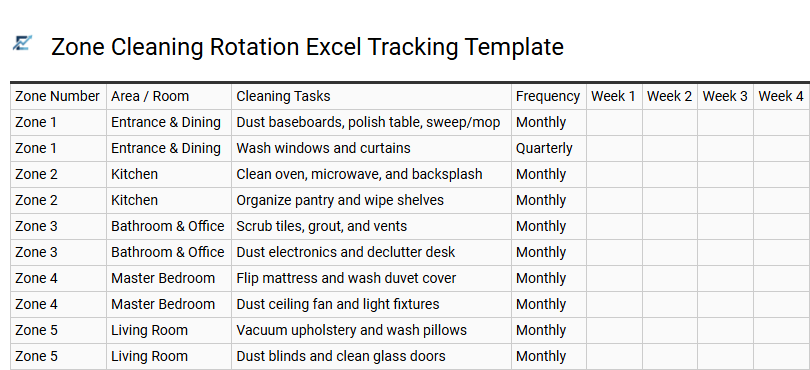 Zone Cleaning Rotation Excel Tracking Template