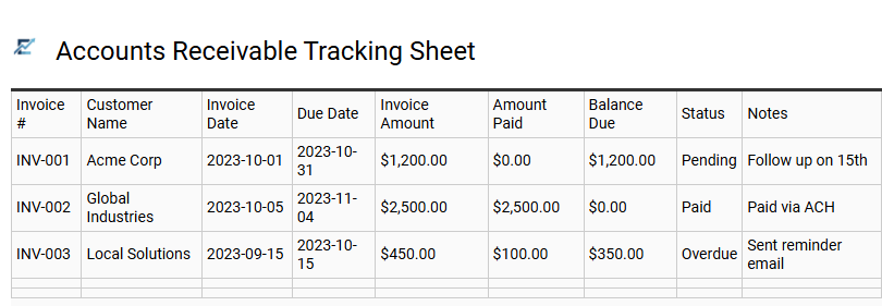 Accounts Receivable Tracking Sheet