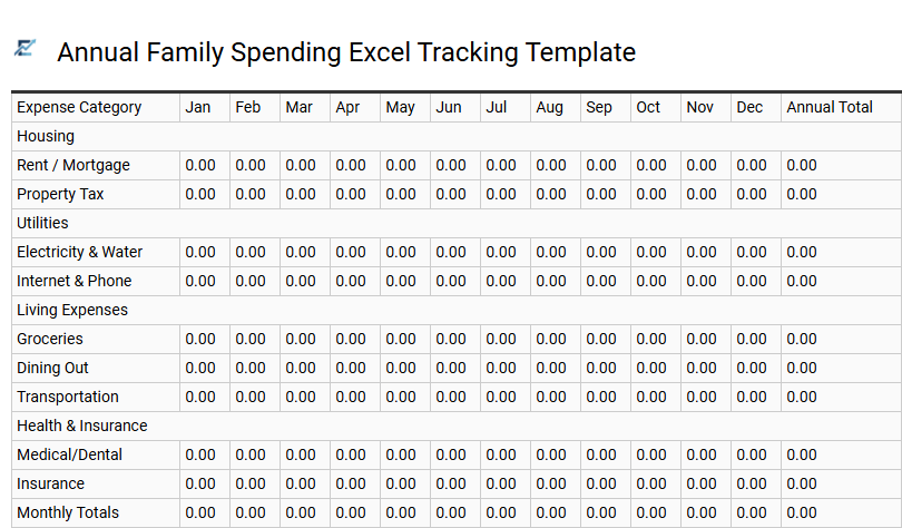 Annual Family Spending Excel Tracking Template