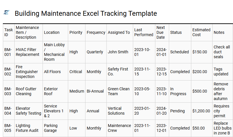 Building Maintenance Excel Tracking Template