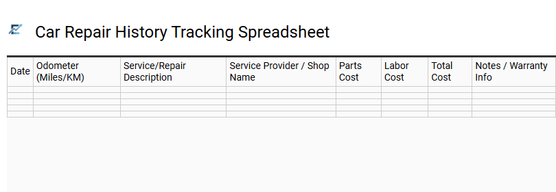 Car Repair History Tracking Spreadsheet
