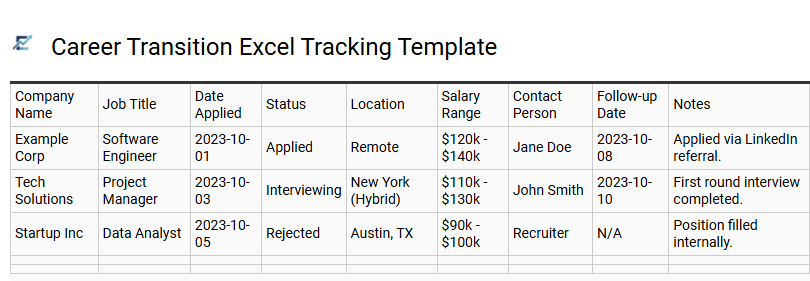 Career Transition Excel Tracking Template