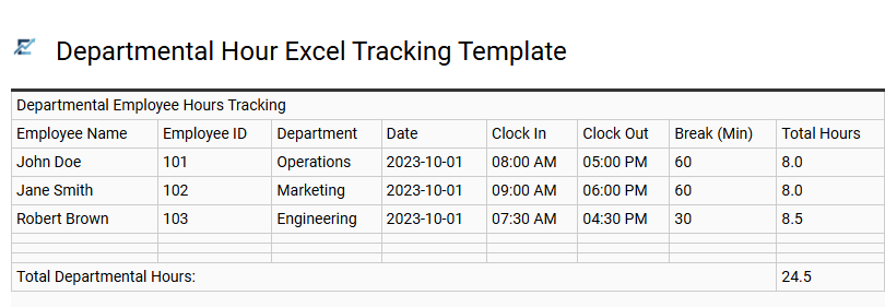 Departmental Hour Excel Tracking Template