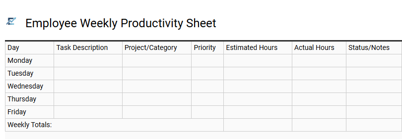 Employee Weekly Productivity Sheet