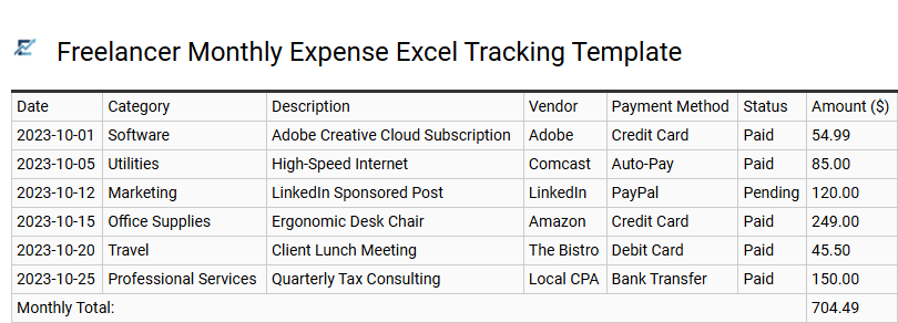 Freelancer Monthly Expense Excel Tracking Template