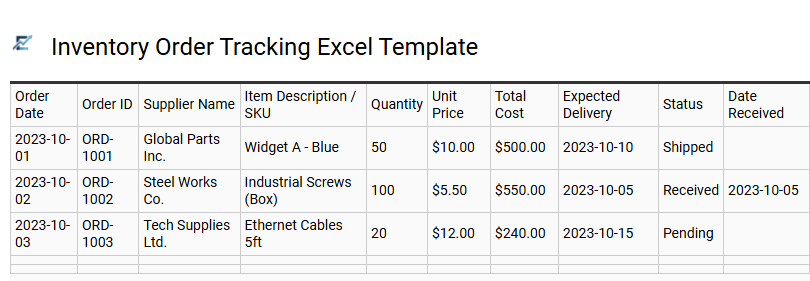 Inventory Order Tracking Excel Template