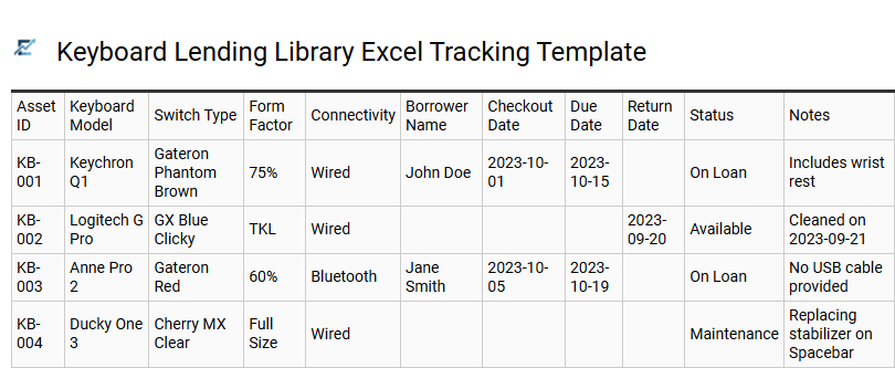 Keyboard Lending Library Excel Tracking Template