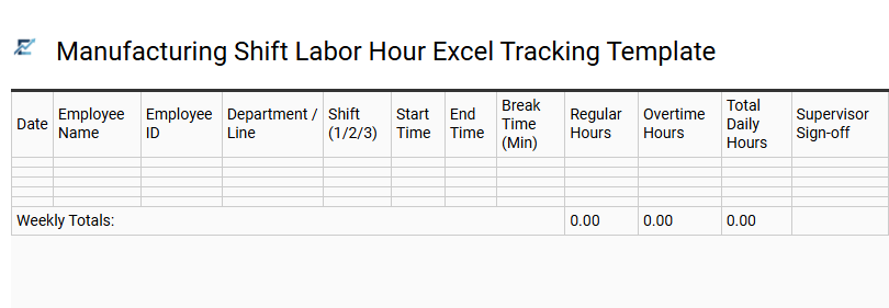 Manufacturing Shift Labor Hour Excel Tracking Template
