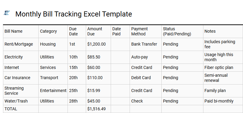Comprehensive Excel Template for Effective Monthly Bill Management