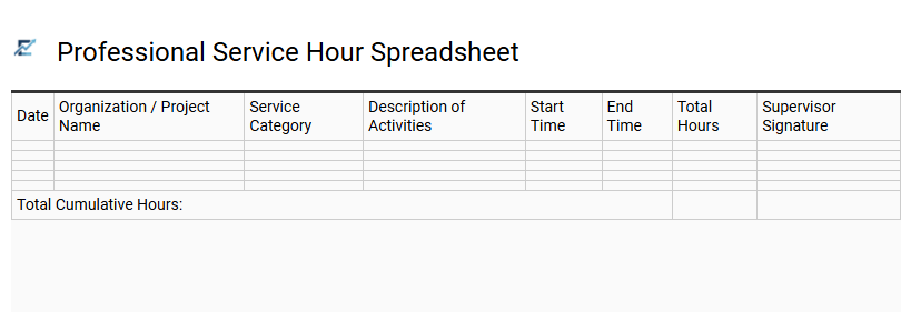 Professional Service Hour Spreadsheet