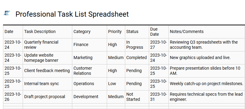 Professional Task List Spreadsheet