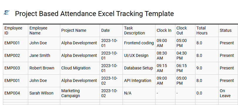 Project Based Attendance Excel Tracking Template