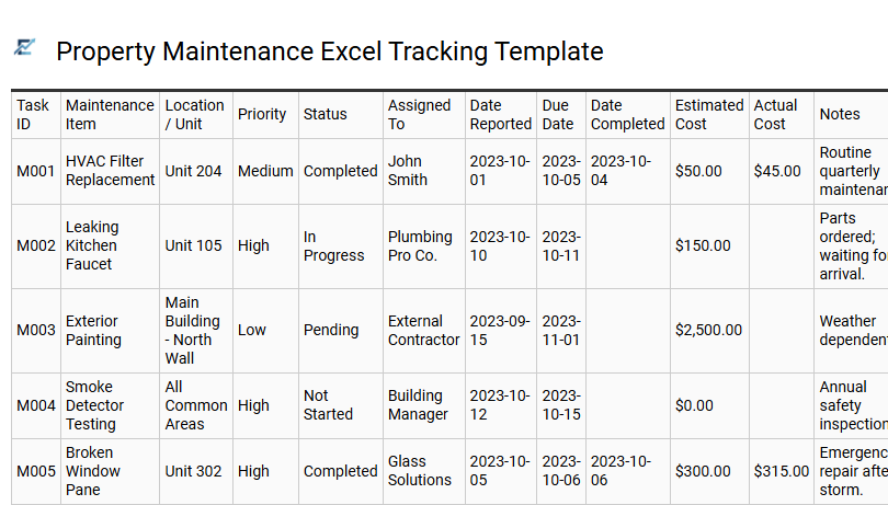 Property Maintenance Excel Tracking Template