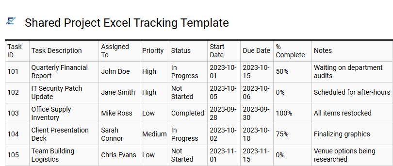 Shared Project Excel Tracking Template
