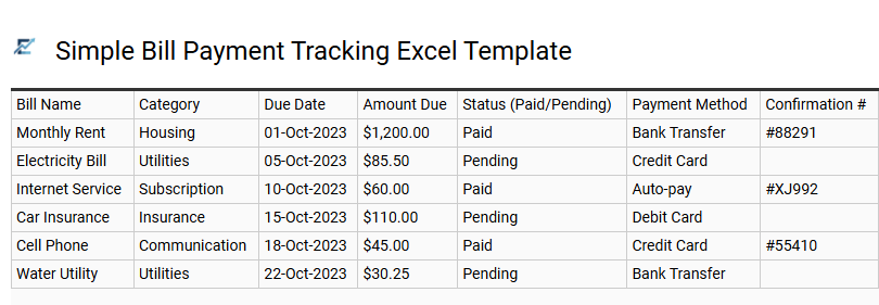 Simple Bill Payment Tracking Excel Template