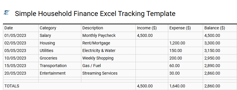 Simple Household Finance Excel Tracking Template
