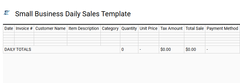 Small Business Daily Sales Template