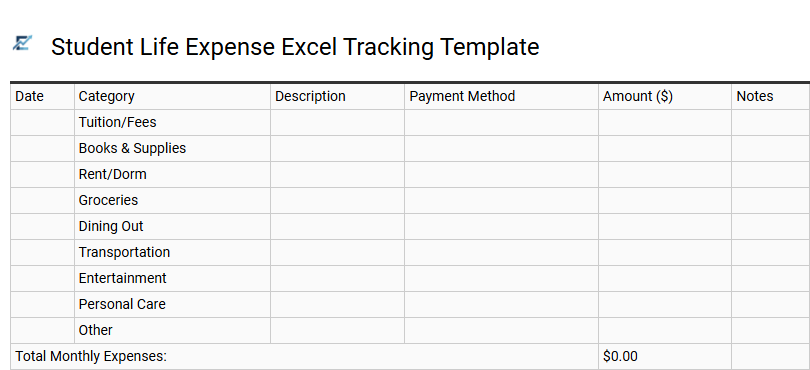 Student Life Expense Excel Tracking Template