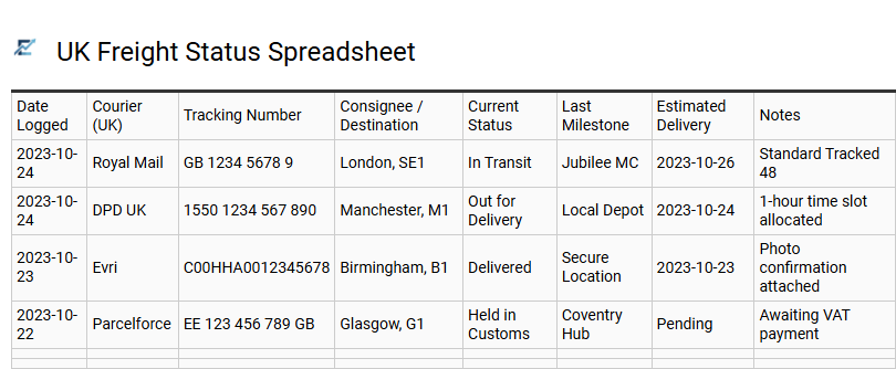 UK Freight Status Spreadsheet