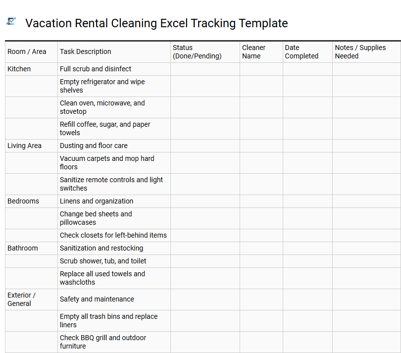 Vacation Rental Cleaning Excel Tracking Template