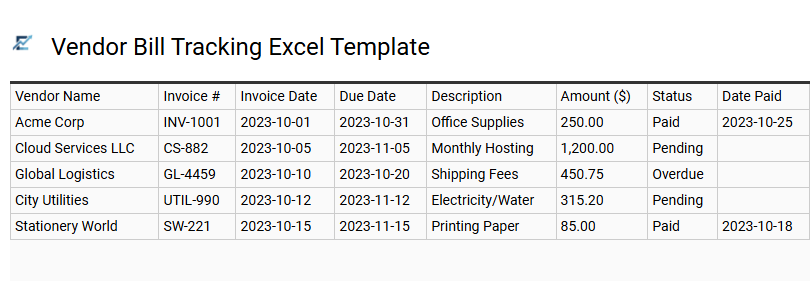 Vendor Bill Tracking Excel Template
