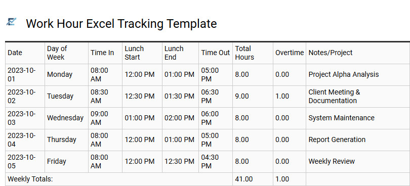 Work Hour Excel Tracking Template