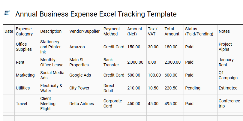 Annual Business Expense Excel Tracking Template