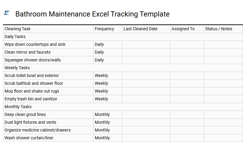 Bathroom Maintenance Excel Tracking Template