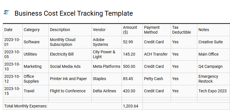 Business Cost Excel Tracking Template