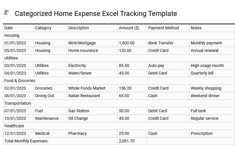 Categorized Home Expense Excel Tracking Template