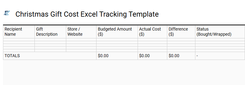 Christmas Gift Cost Excel Tracking Template