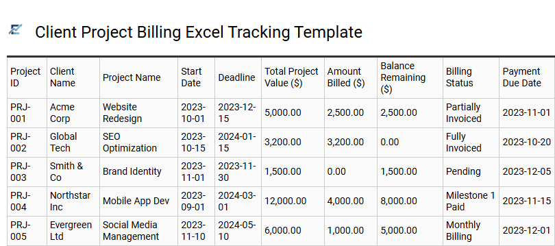 Client Project Billing Excel Tracking Template