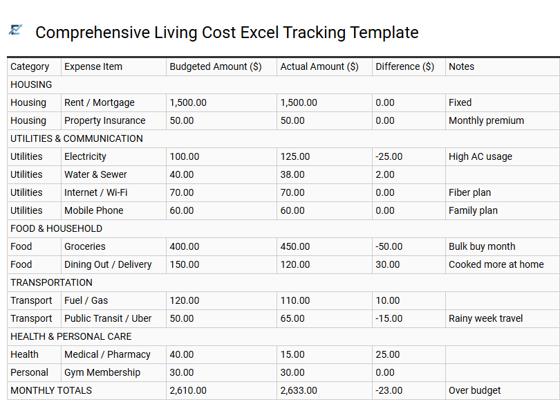 Comprehensive Living Cost Excel Tracking Template