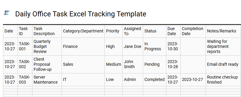 Daily Office Task Excel Tracking Template