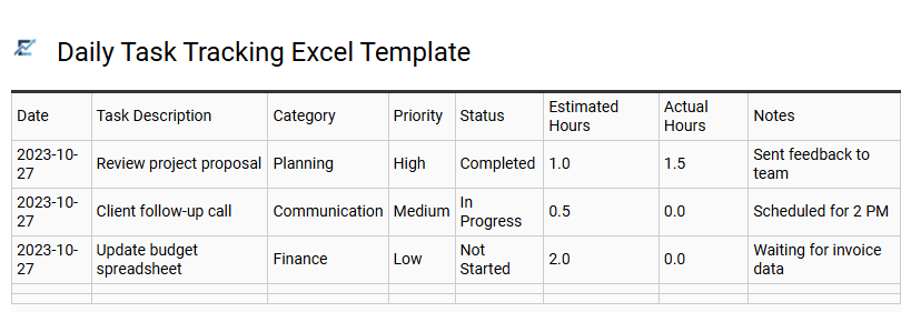 Daily Task Tracking Excel Template