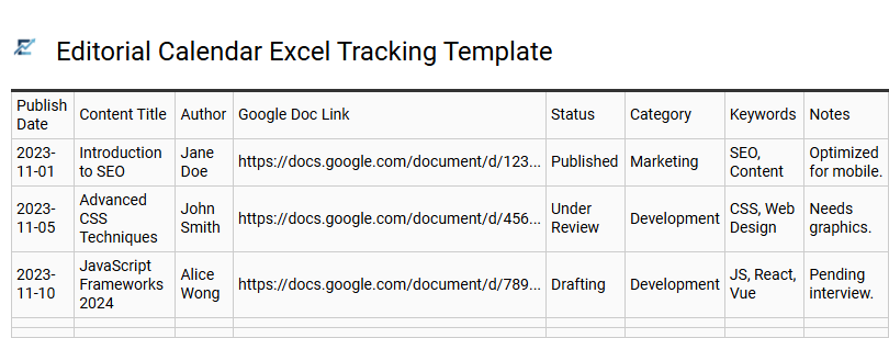 Editorial Calendar Excel Tracking Template