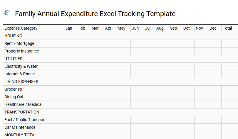 Family Annual Expenditure Excel Tracking Template