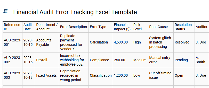 Financial Audit Error Tracking Excel Template