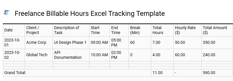 Freelance Billable Hours Excel Tracking Template