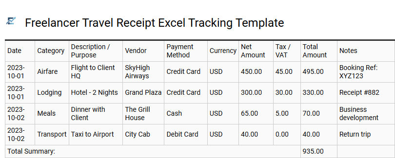 Freelancer Travel Receipt Excel Tracking Template