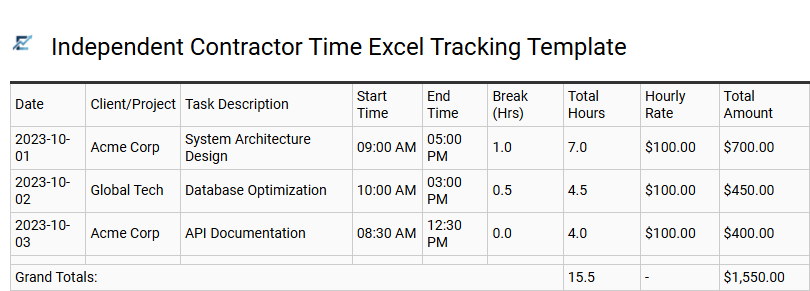 Independent Contractor Time Excel Tracking Template